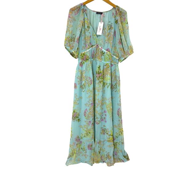 Vineyard Vines- Floral V-Neck Puff Sleeve Midi Dress-Mimosa Floral Aqua-Sz L-NWT - Picture 1 of 8